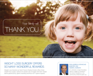 an advertisement for weight loss surgery featuring a joyful toddler against a grassy background